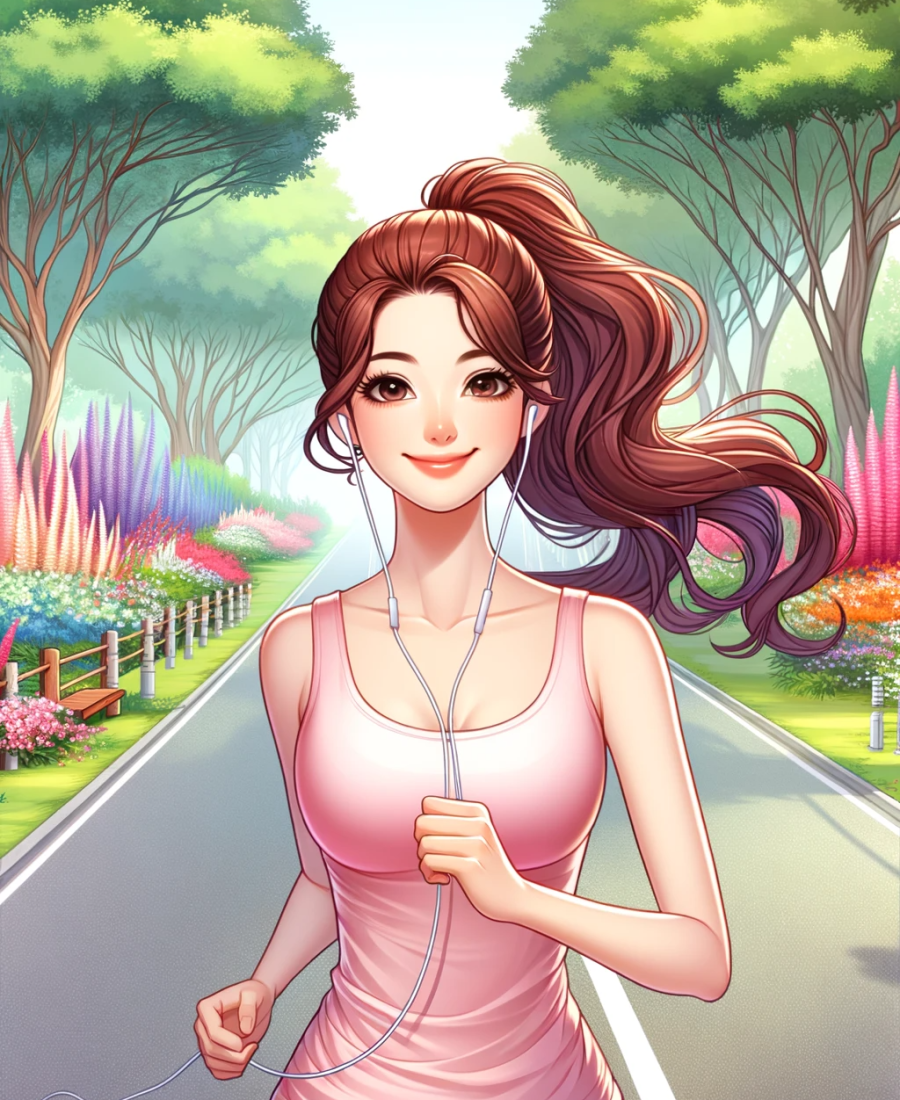 DALL·E 2023-11-02 07.37.50 - An illustration of a woman with a ponytail of wavy chestnut hair, in her early 30s, jogging happily on a picturesque road. She is dressed in a light p